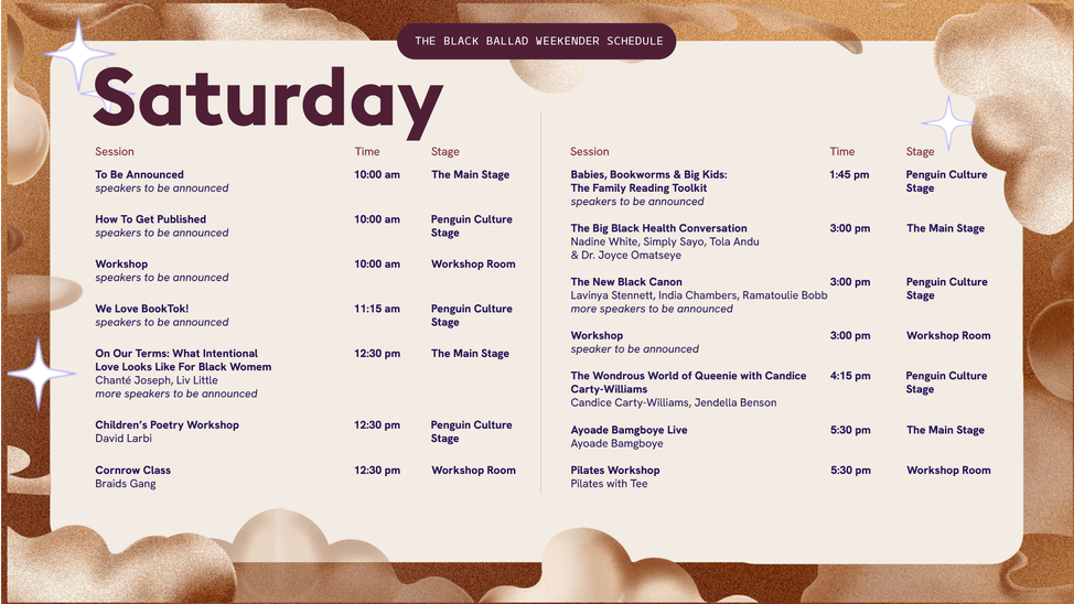 BB weekender 26 Saturday Schedule
