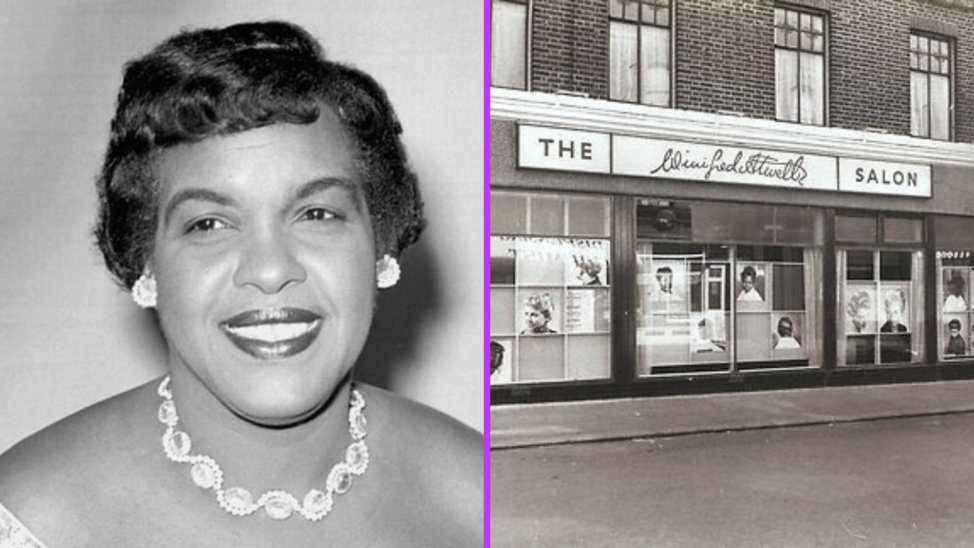 Diptych: left, black and white portrait of a black woman with short styled hair smiling, right, the front of a hair salon.