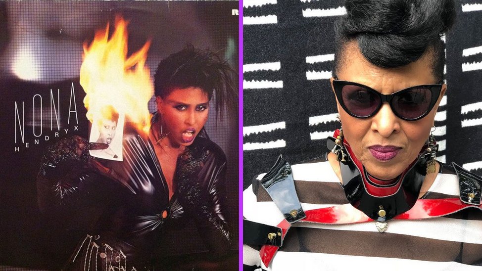 Left: cover of Nona Hendryx's self-titled LP shows Nona in black PVC with a spiked black hairdo holding a black and white photograph of herself. The photograph is on fire and she wears black lace gloves. Right: Nona in a black and white outfit with hair in an elegant topknot with dark sunglasses.