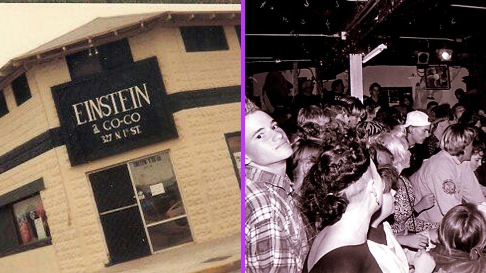 Left: the exterior of a building with the sign 'Einstein A Go Go'. Right: the dark interior of a music venue. The mostly white watches a performance, a young white boy with a gelled mohican and shaved sides looks back towards the camera.